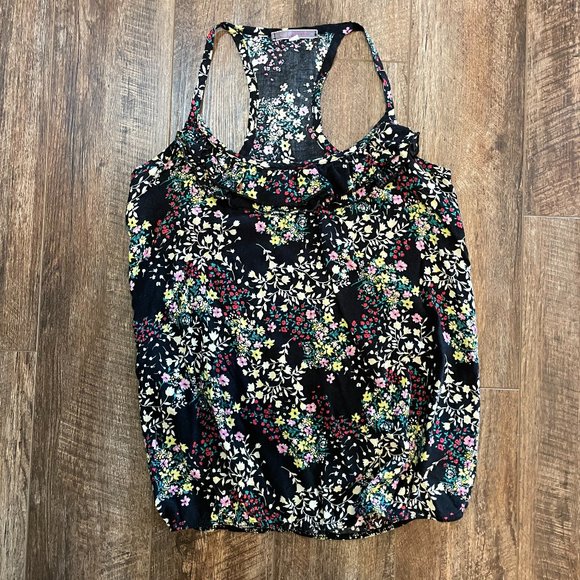 julie's closet Tops - Julie's Closet Medium Black Vintage Ruffle Neck Racerback Floral Tank